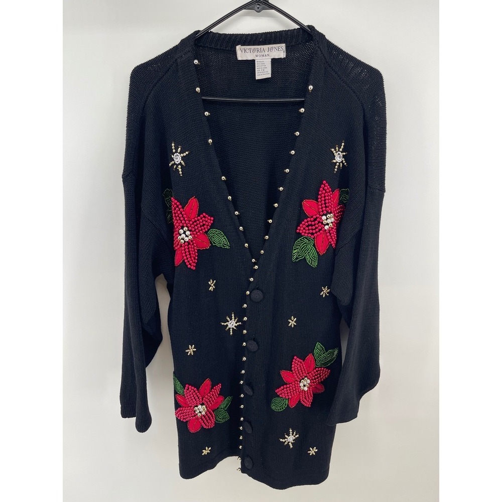 Victoria Jones Cardigan Women 1X Black Excellent‎ Beaded Holiday Poinsettia Long